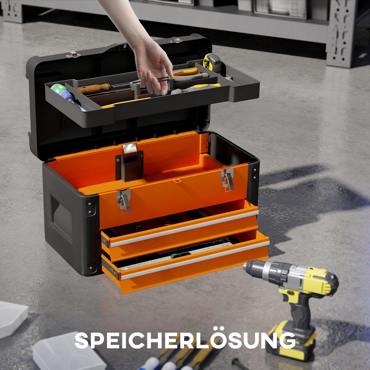 WERKZEUGKISTE leer, 49,7 x 25,3 x 28,9 cm Werkzeugkasten mit Schublade - Orange, Kunststoff (25.3/28.9/49.7cm) - HOMCOM