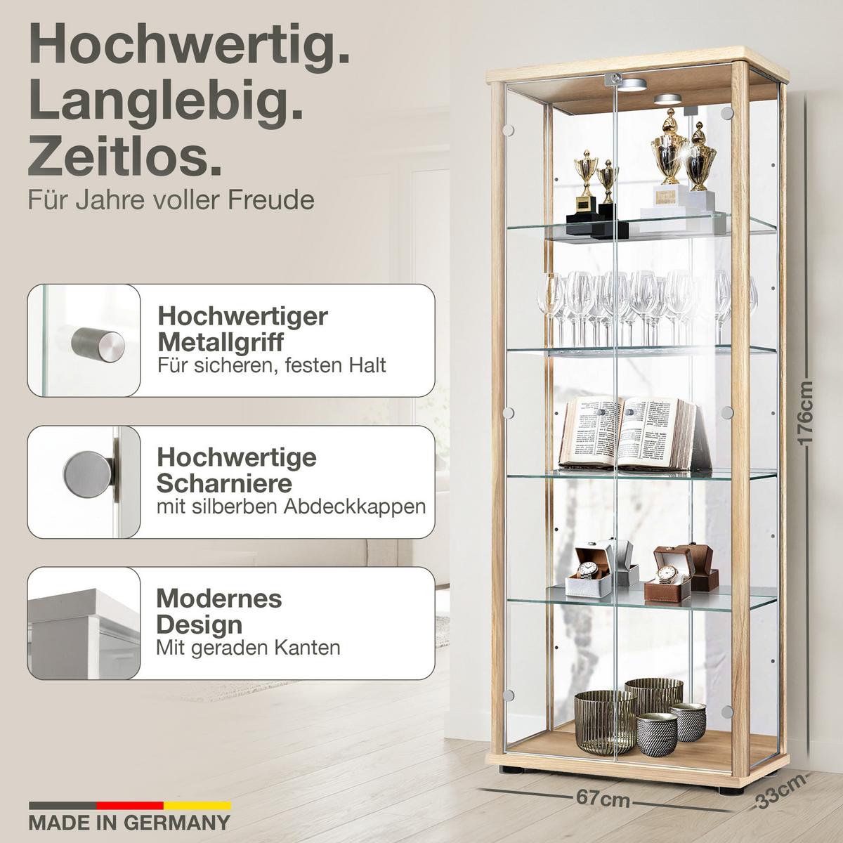 VITRINE 33/67/176 cm mit Spiegel, LED, Schloss & 4 höhenverstellbaren Glasböden - Transparent/Silberfarben, Glas/Holzwerkstoff (67/176/33cm) - K-Möbel