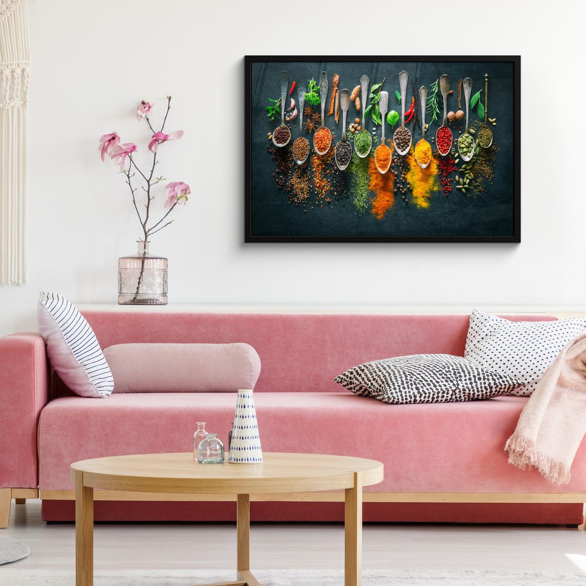 POSTER MIT RAHMENGERAHMTES BILD Kräuter - Gewürze - Löffel 90x60 cm - Currygelb, Papier (90/60cm) - MuchoWow