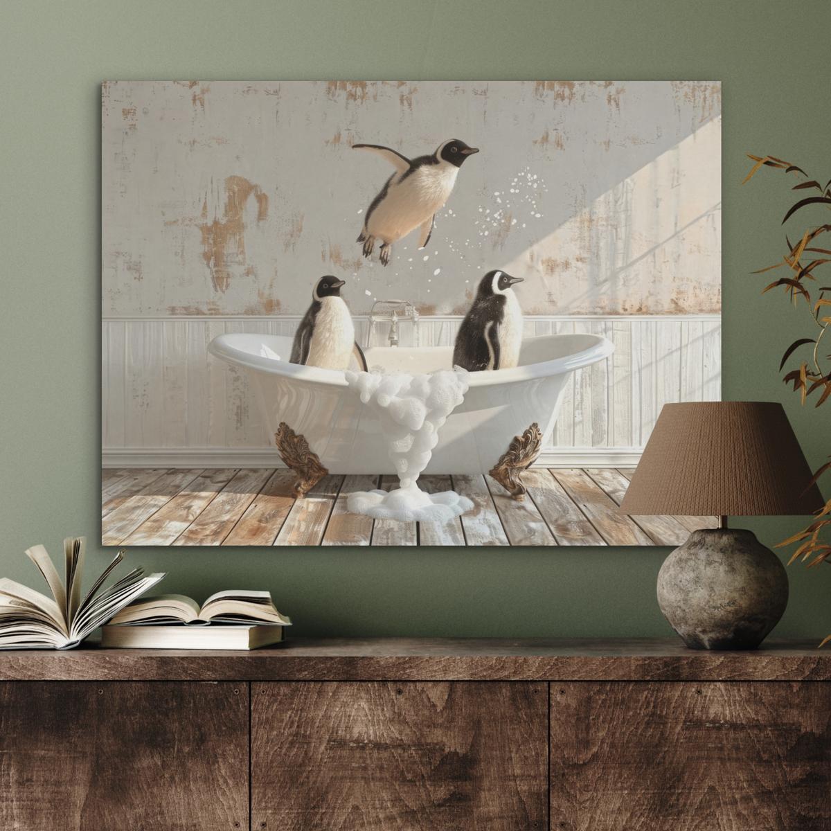 AKUSTIKBILD Vintage - Pinguin - Badewanne - Schaumstoff Gemälde 80x60 cm - Schwarz, Kunststoff (80/60/0.9cm) - MuchoWow
