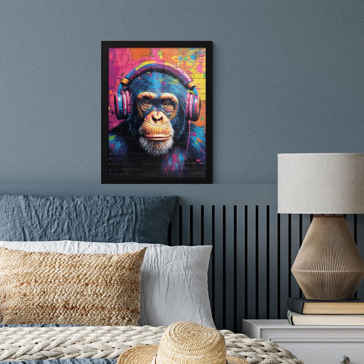 POSTER MIT RAHMEN Graffiti - Schimpanse - Straßenkunst - Kopfhörer - Affe Bilderrahmen 30x40 cm - Blau, Papier (30/40cm) - MuchoWow