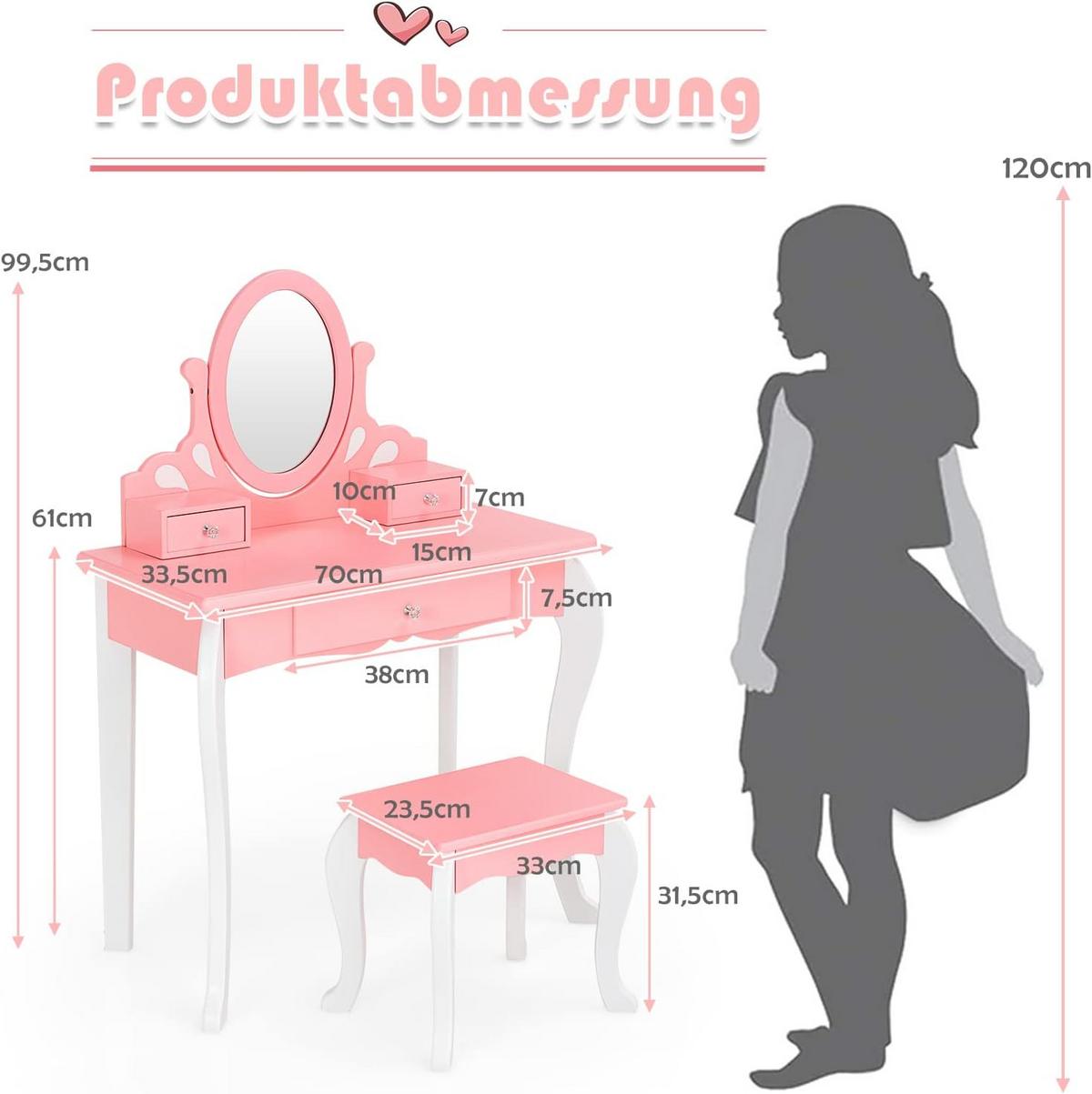 KINDER SCHMINKTISCH mit Hocker Pink - Pink, Holz (70/100/34cm) - COSTWAY