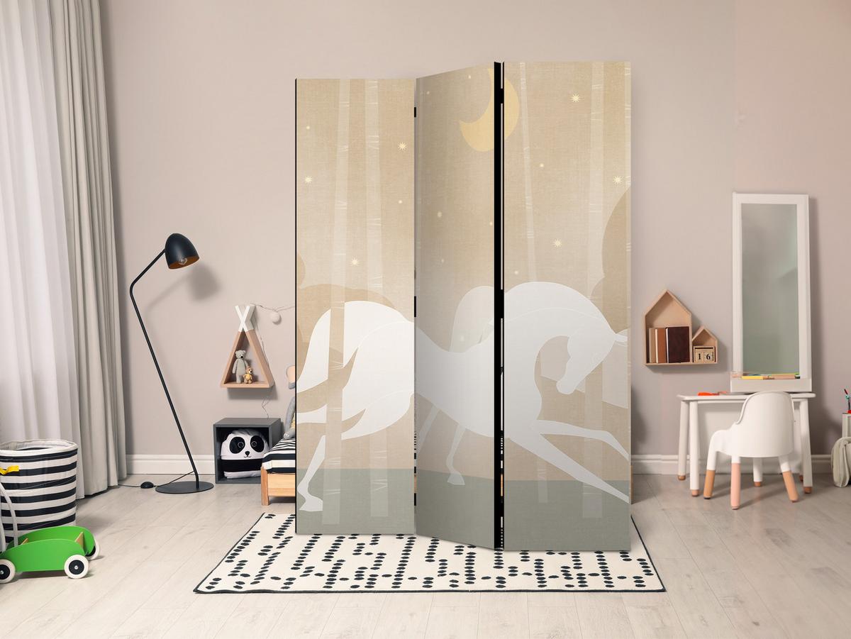 PARAVENT Beidseitig Bedruckter 3-tlg 135x172 cm Pferde Boho-Stil - Beige, Holz/Textil (135/172/3cm) - Muralo