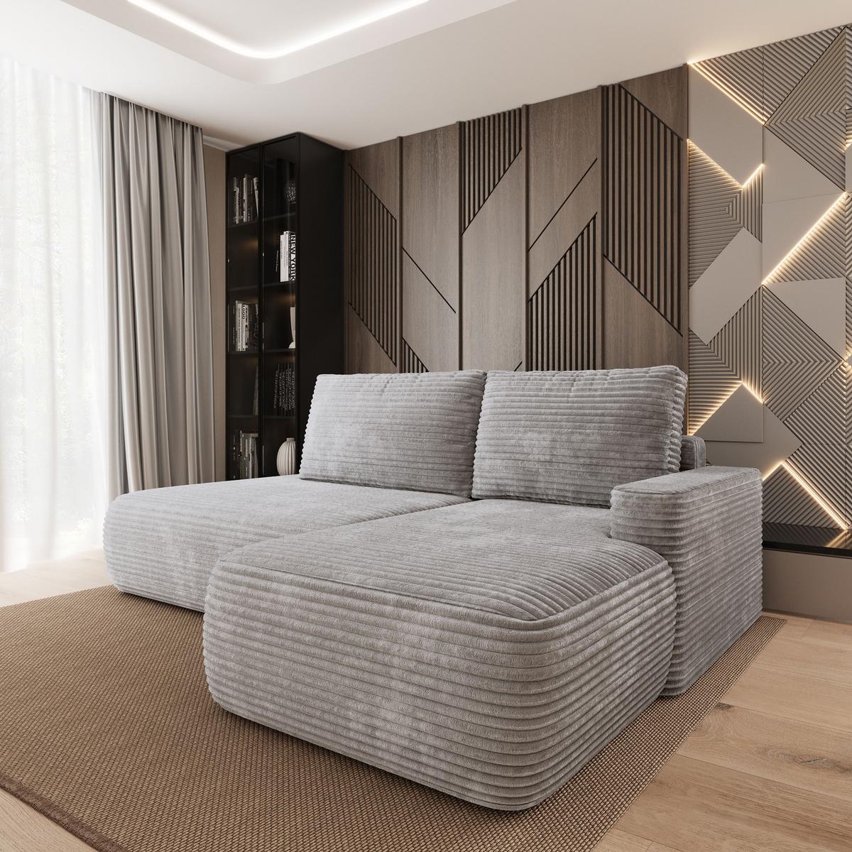 ECKSOFA AVINI T R-S Hellgrau Kordstoff mit Schlaffunktion - Hellgrau, Holzwerkstoff/Textil (277/160cm) - MASSENO
