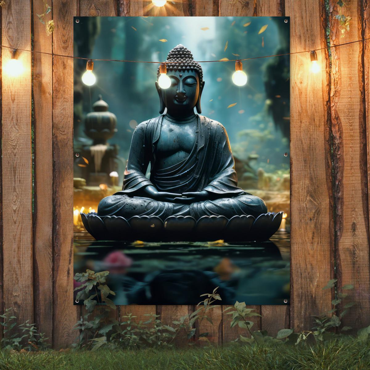 GARTENPOSTER Buddha - Statue - Buddha - Zen - Kunst - Buddha Gartendekoration 120x160 cm - Dunkelgrau, Kunststoff (120/160/0.2cm) - OnlyWow
