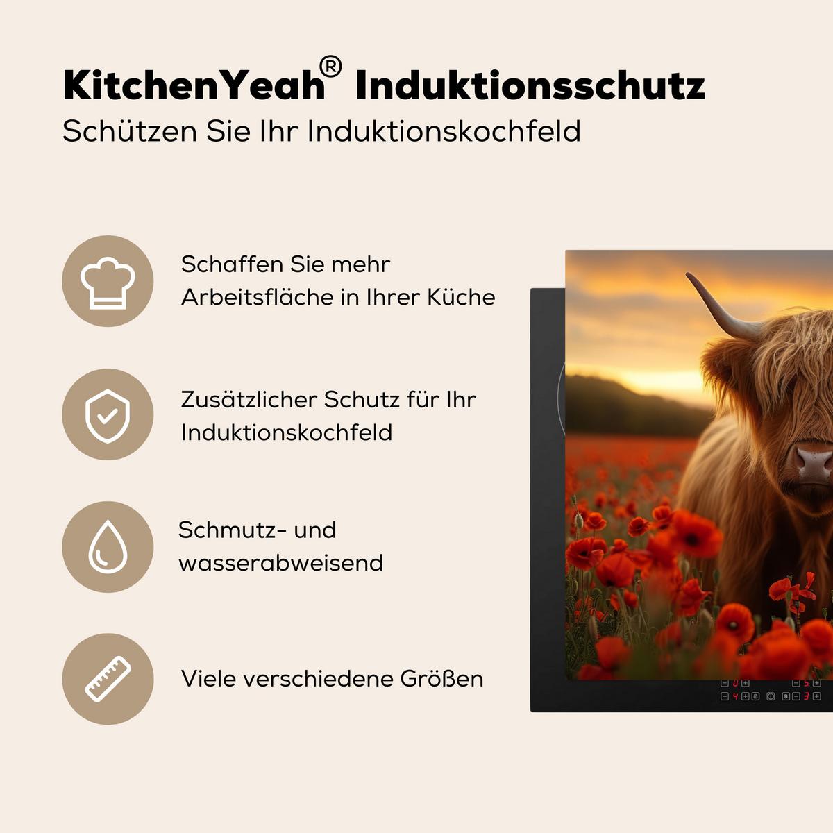 HERDABDECKPLATTE Schottische Highlander - Rosen - Blumenfeld - Sonnenuntergang Abdeckung Ceranfeld 59x51 cm - Rotbraun, Kunststoff (59/51/0.2cm) - MuchoWow
