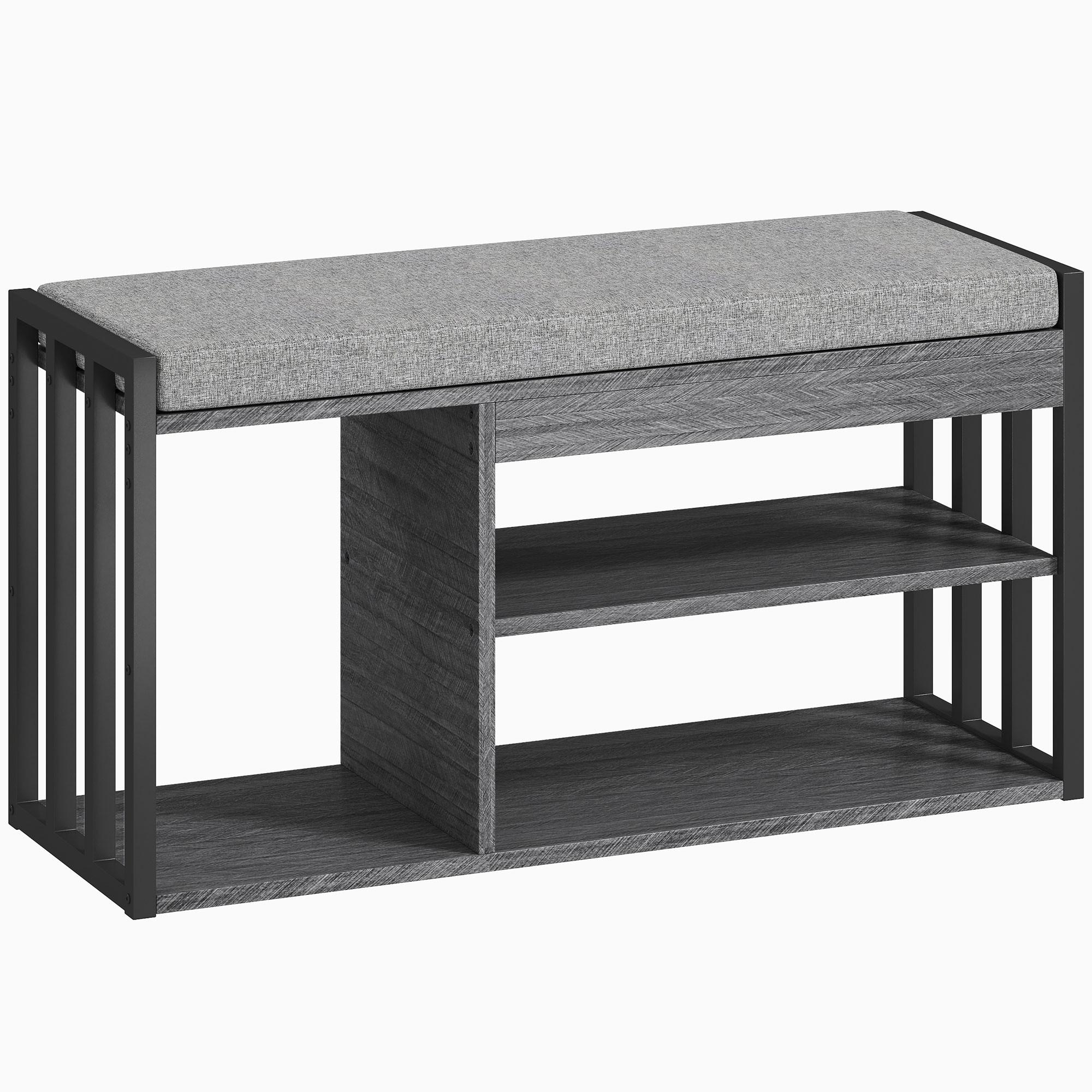 SCHUHBANK Schuhregal mit Sitzfläche gepolstert Sitzbank mit Stauraum, 3 Fächer - Grau, Holzwerkstoff/Textil (30/45.4/86cm) - HOMCOM