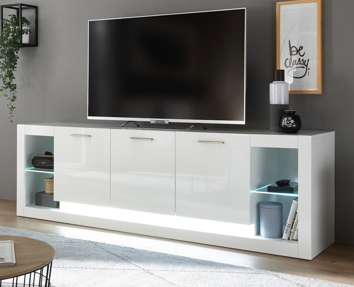 TV-LOWBOARD weiß Hochglanz 200 cm, TV Unterschrank mit Komforthöhe - Weiß Hochglanz/Silberfarben, Glas/Holzwerkstoff (198/61/43cm) - Furn.Design