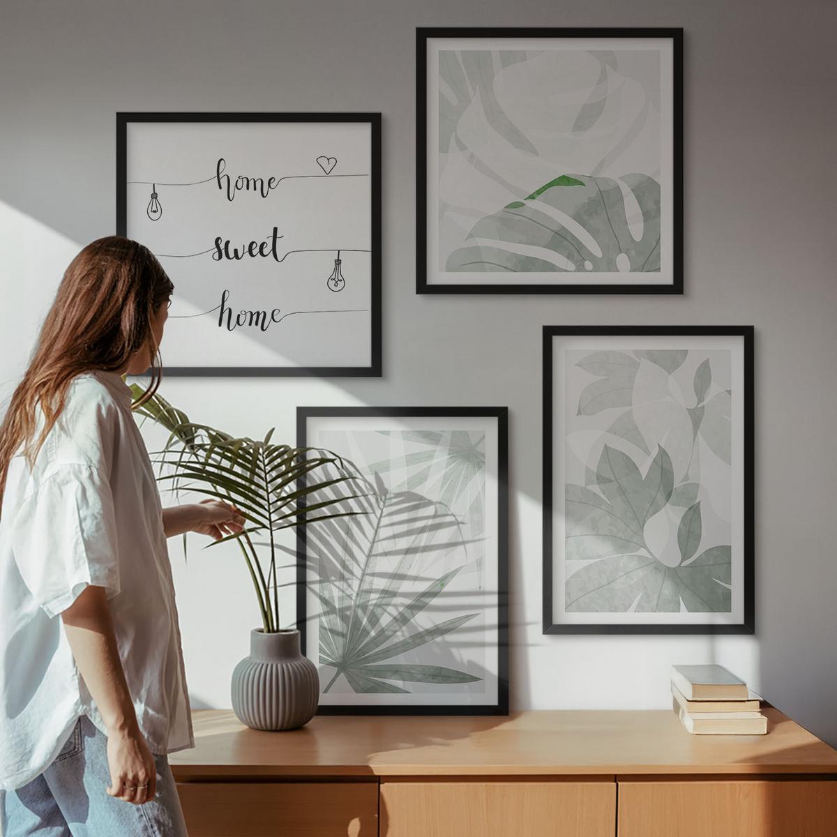 BILDER SET 4er Set - 50x50 cm & 40x60 cm Schwarzer Rahmen - Die Blätter der Pflanzen sind grünlich-grau. - Schwarz, Kunststoff (50/50cm) - TULUP