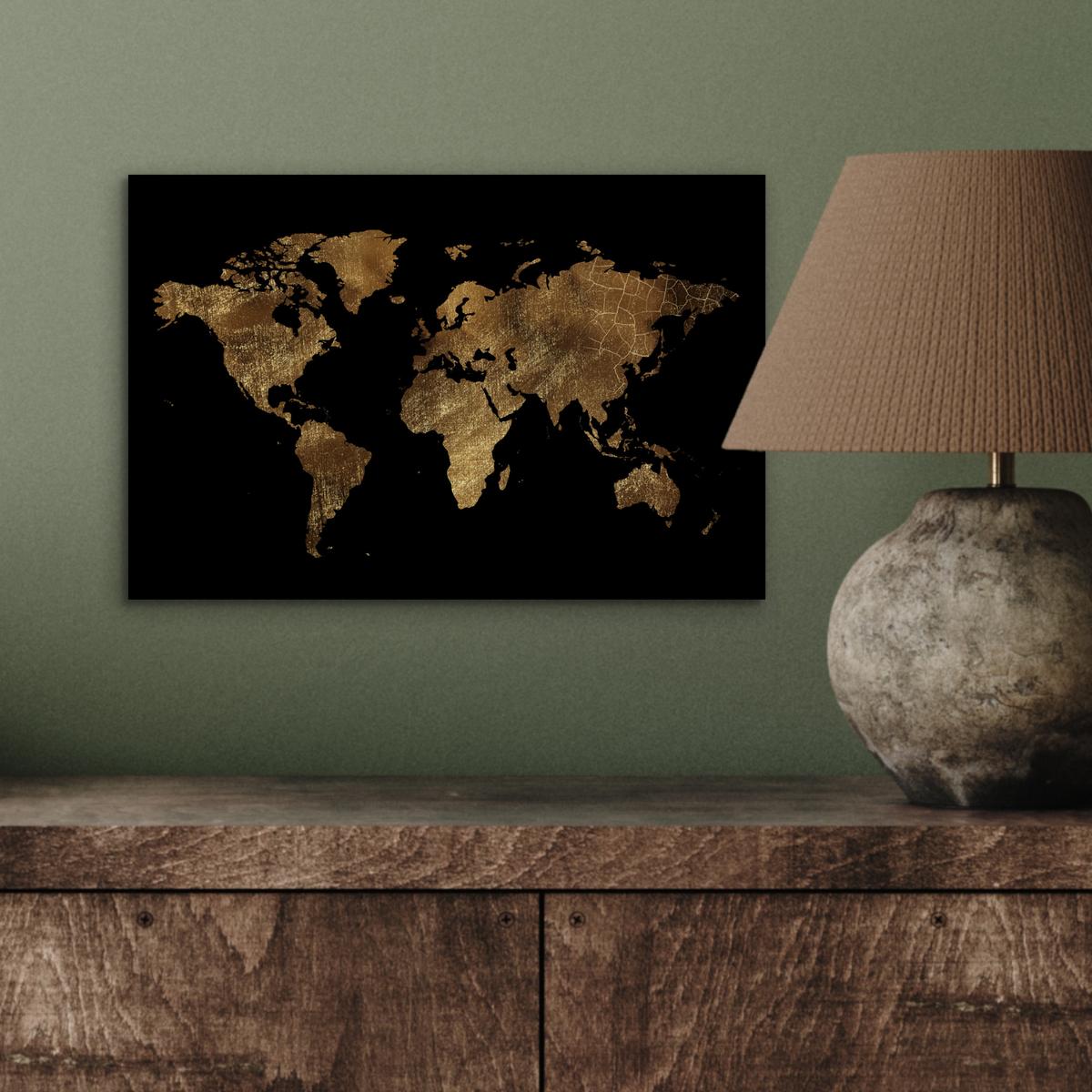 METALLBILD Weltkarte - Gold - Luxus - Erde - Schwarz 30x20 cm - Goldfarben, Metall (30/20cm) - MuchoWow