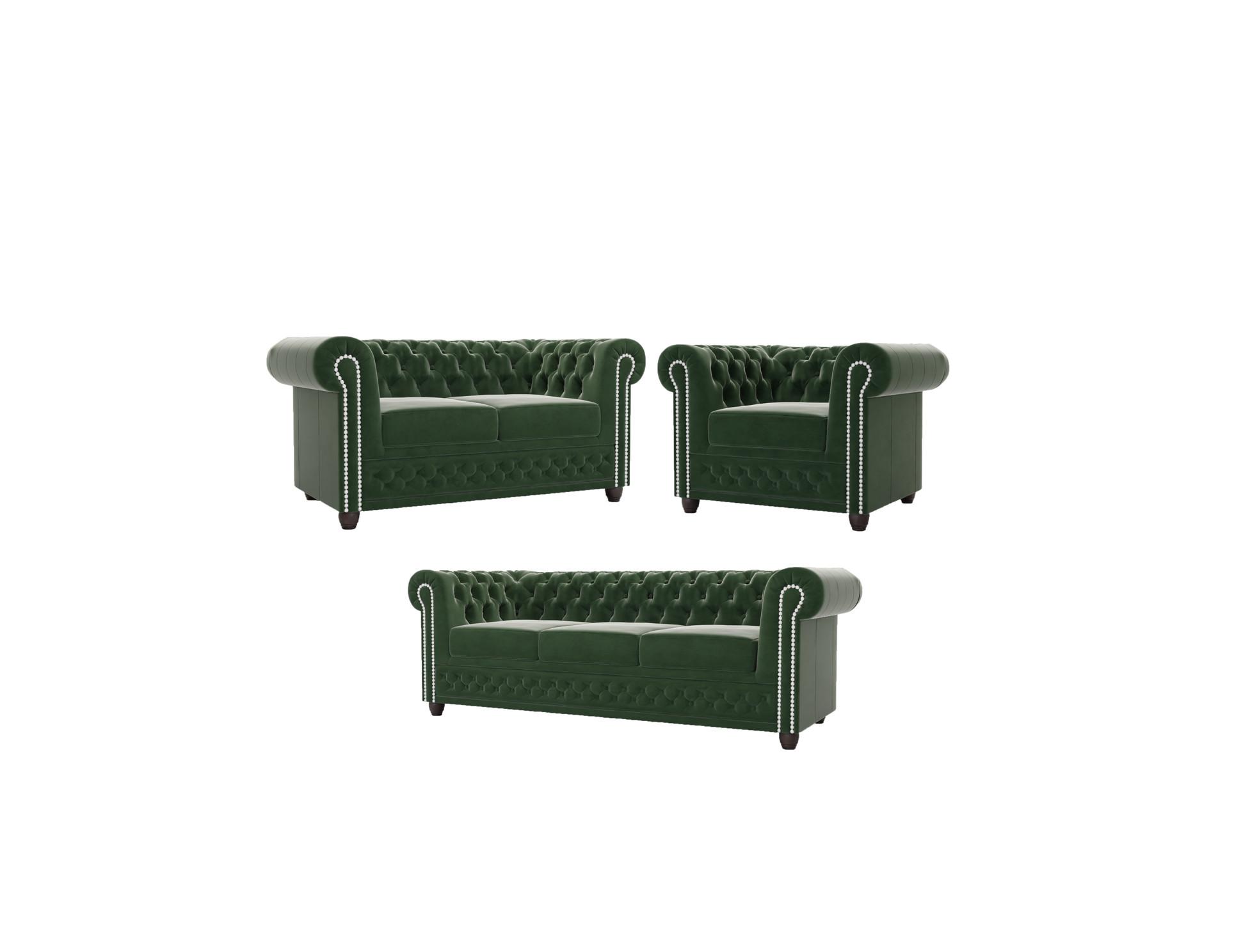 SITZGARNITUR mit Schlaffunktion 3+2+1 Chesterfield Nyx Flasche grün Samt - Smaragdgrün/Braun, Holz/Textil (203/72/86cm) - S-Style Möbel