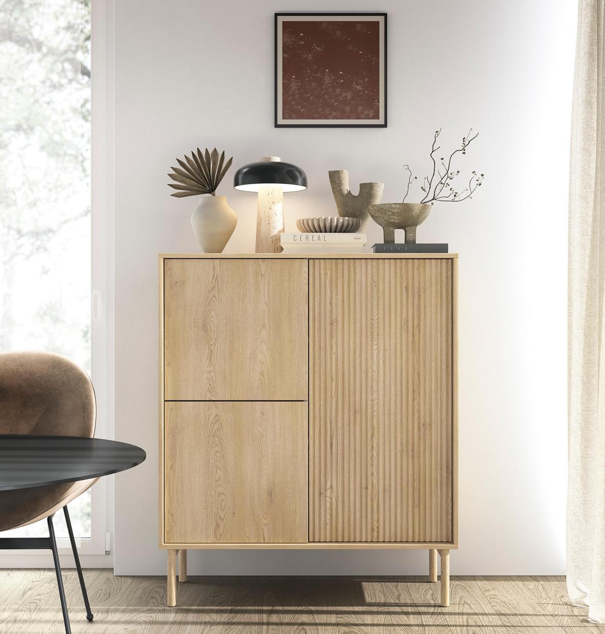 HIGHBOARD Trentinis 3T Beige 103,5/123,4/39,5 cm – Geriffelte Fronten - Eichefarben, Holzwerkstoff/Metall (103.5/121.8/39.5cm) - AX Living