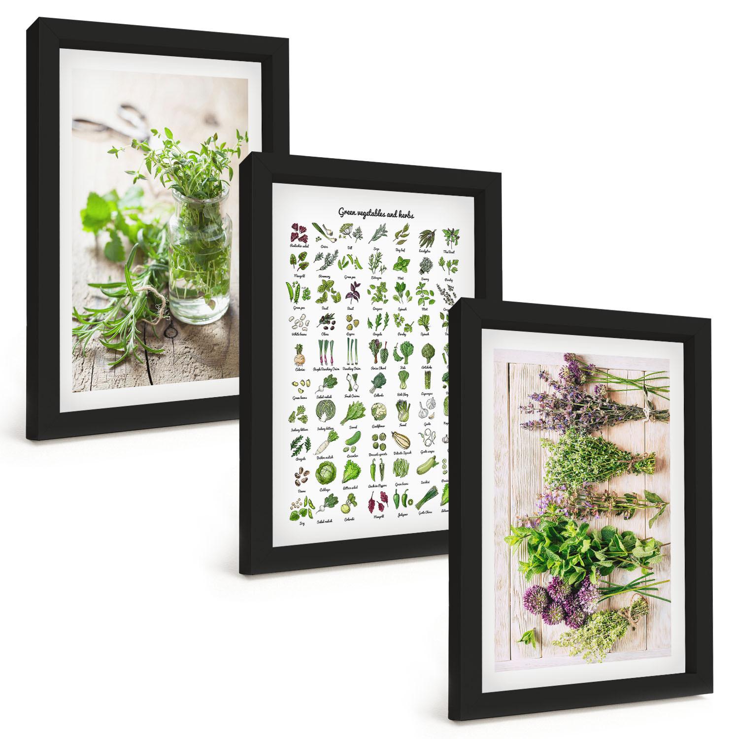BILDER SET 3er Set - 20x30 cm Schwarzer Rahmen - Getrocknete Kräuter für die Küche - Schwarz, Kunststoff (20/30cm) - TULUP