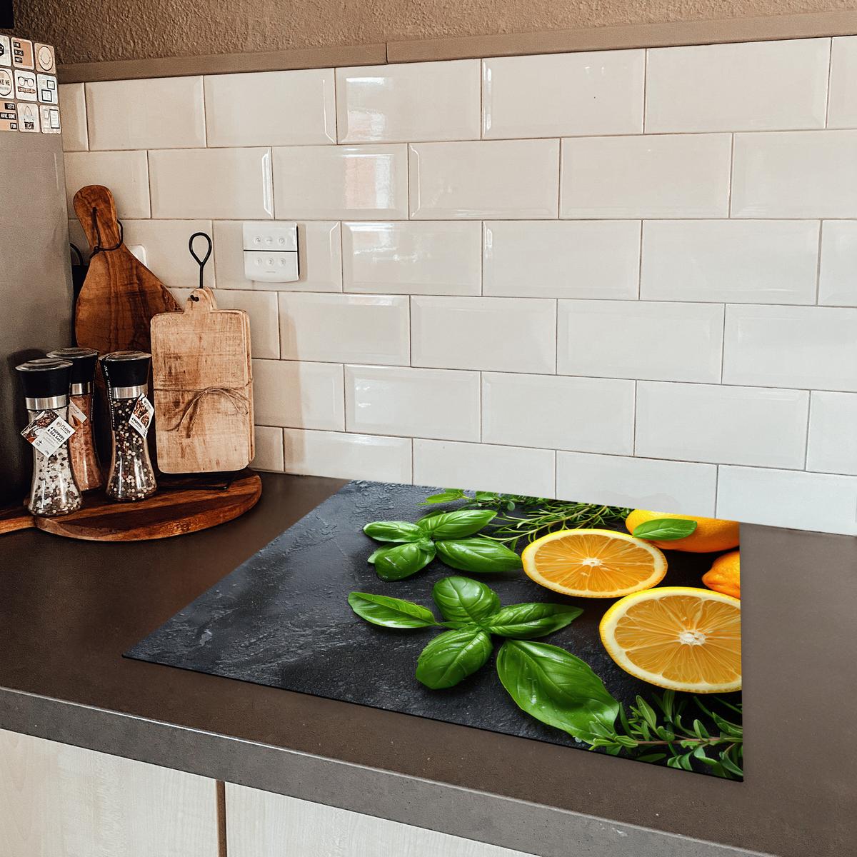 HERDABDECKPLATTE Obst - Grau - Konkret - Orange - Pflanzen Abdeckung Ceranfeld 57.6x51.6 cm - Anthrazit, Kunststoff (57.6/51.6/0.2cm) - MuchoWow