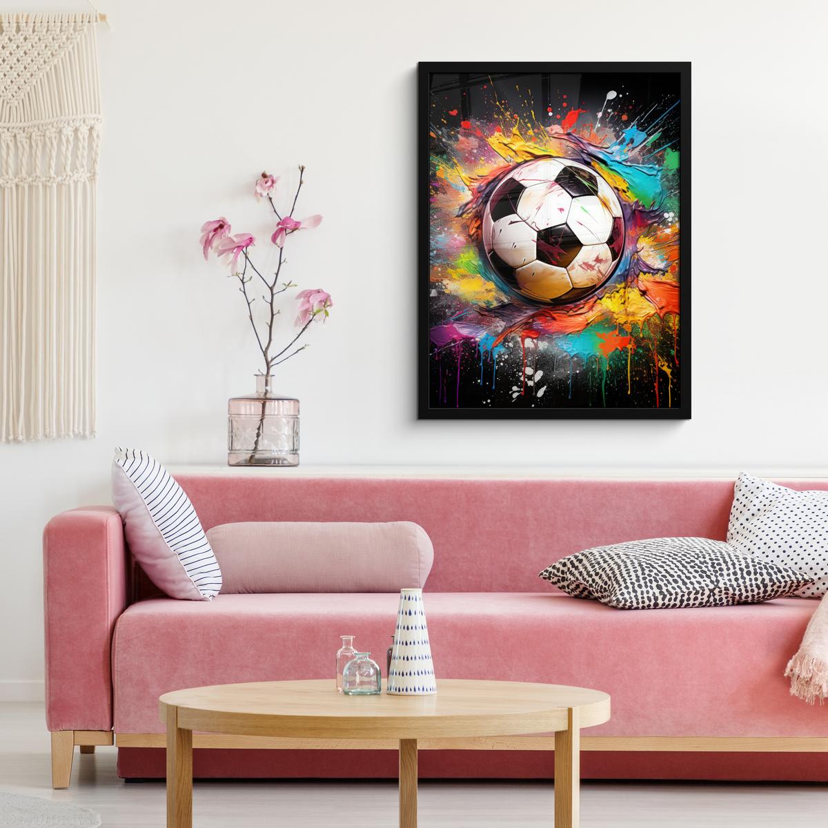 POSTER MIT RAHMEN Fußball - Farbe - Farben - Schwarz - Weiß Posterleiste 60x80 cm - Weiß, Papier (60/80cm) - MuchoWow