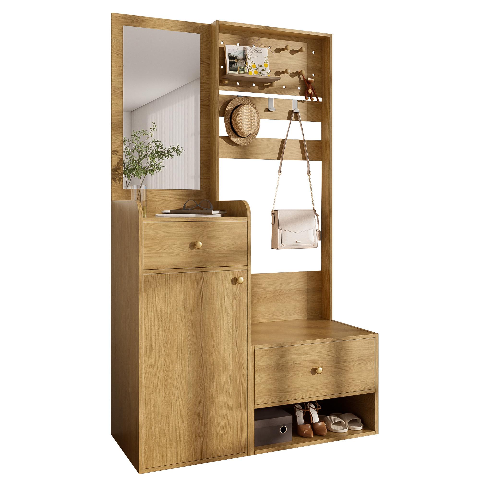 GARDEROBEN-SET 105 cm Holzoptik Natur – Kompaktgarderobe mit Spiegel, Schuhbank & flexiblem Hakenboard - Naturfarben, Holzwerkstoff (105/180/38cm) - Urban Meuble