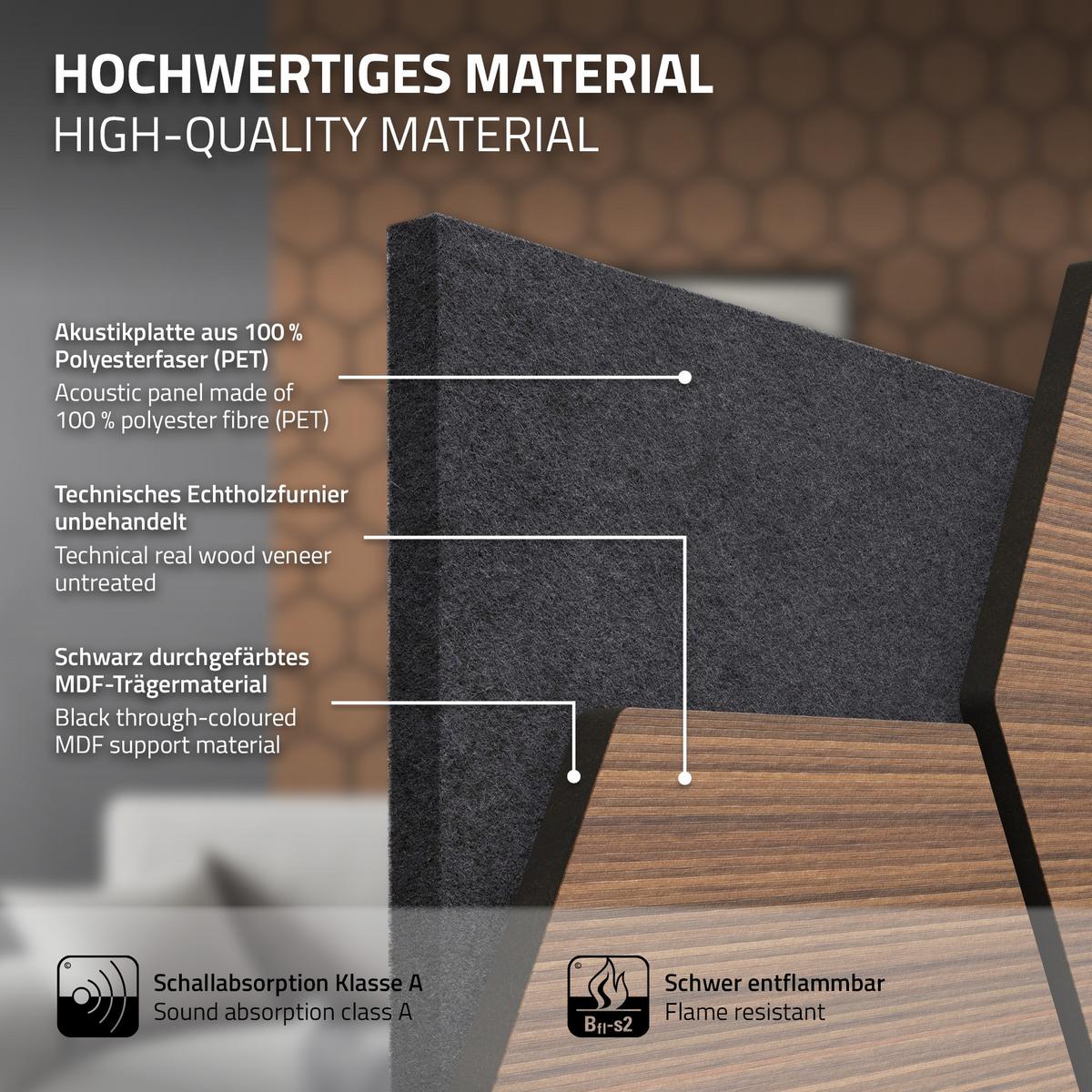 AKUSTIKPANEEL 2er Set Schallschutzplatten Hexagon Teak Holzoptik 66x81x2 cm aus Filz - Dunkelbraun, Holzwerkstoff (2.1/81.1/66.6cm) - ML-DESIGN