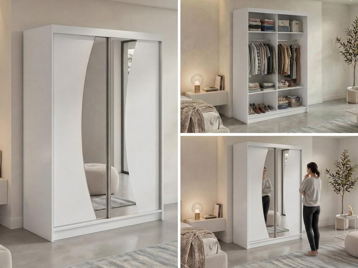 SCHWEBETÜRENSCHRANK 150 - VERONA - Weiß mit Spiegel - Alufarben/Weiß, Holzwerkstoff/Metall (150/216/61cm) - MKS