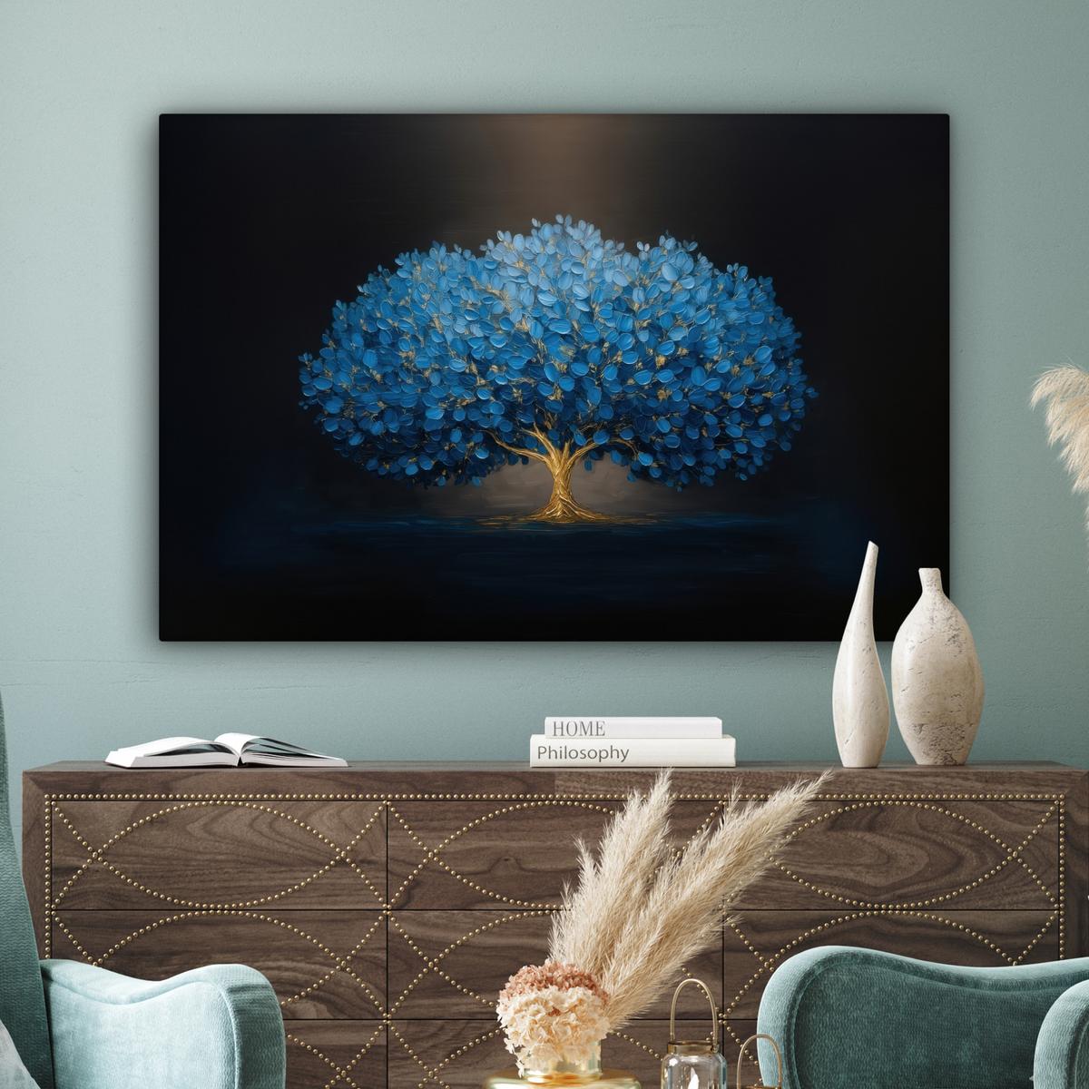 LEINWANDBILD Baum - Blau - Blätter - Pinselstriche Groß 140x90 cm - Blau, Textil (140/90cm) - MuchoWow