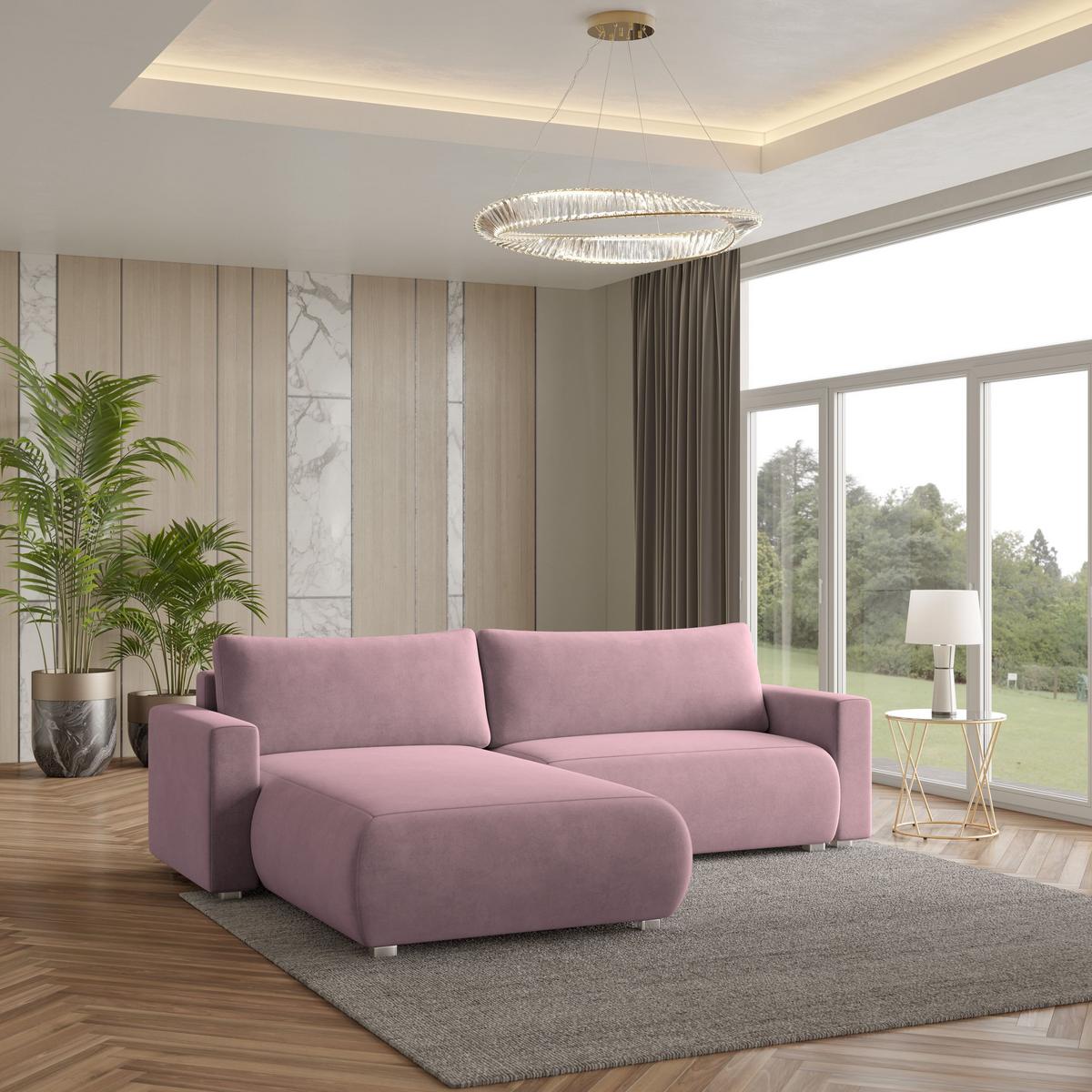 ECKSOFA TURIN M Lila Velours-Stoff mit Schlaffunktion - Lila/Grau, Holz/Kunststoff (265/183cm) - MASSENO
