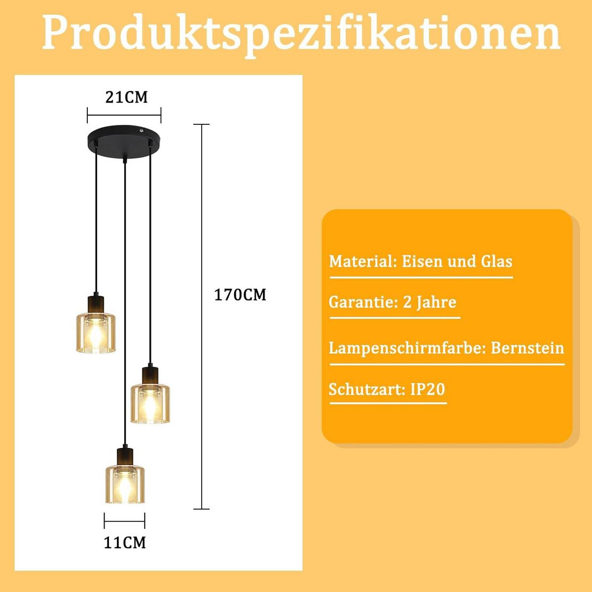PENDELLEUCHTE Henry 21/11/170 cm - Bernsteinfarben, Metall (21/11/170cm) - ZMH