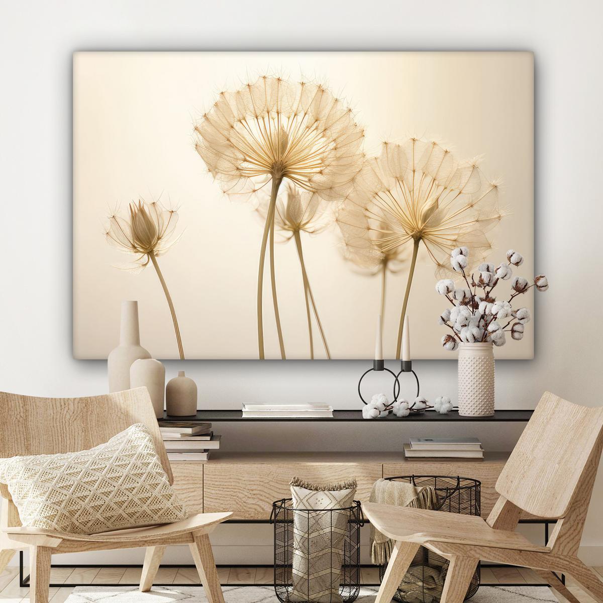LEINWANDBILD Sonnenlicht - Löwenzahn - Botanisch - Blumen Groß 140x90 cm - Creme, Textil (140/90cm) - MuchoWow