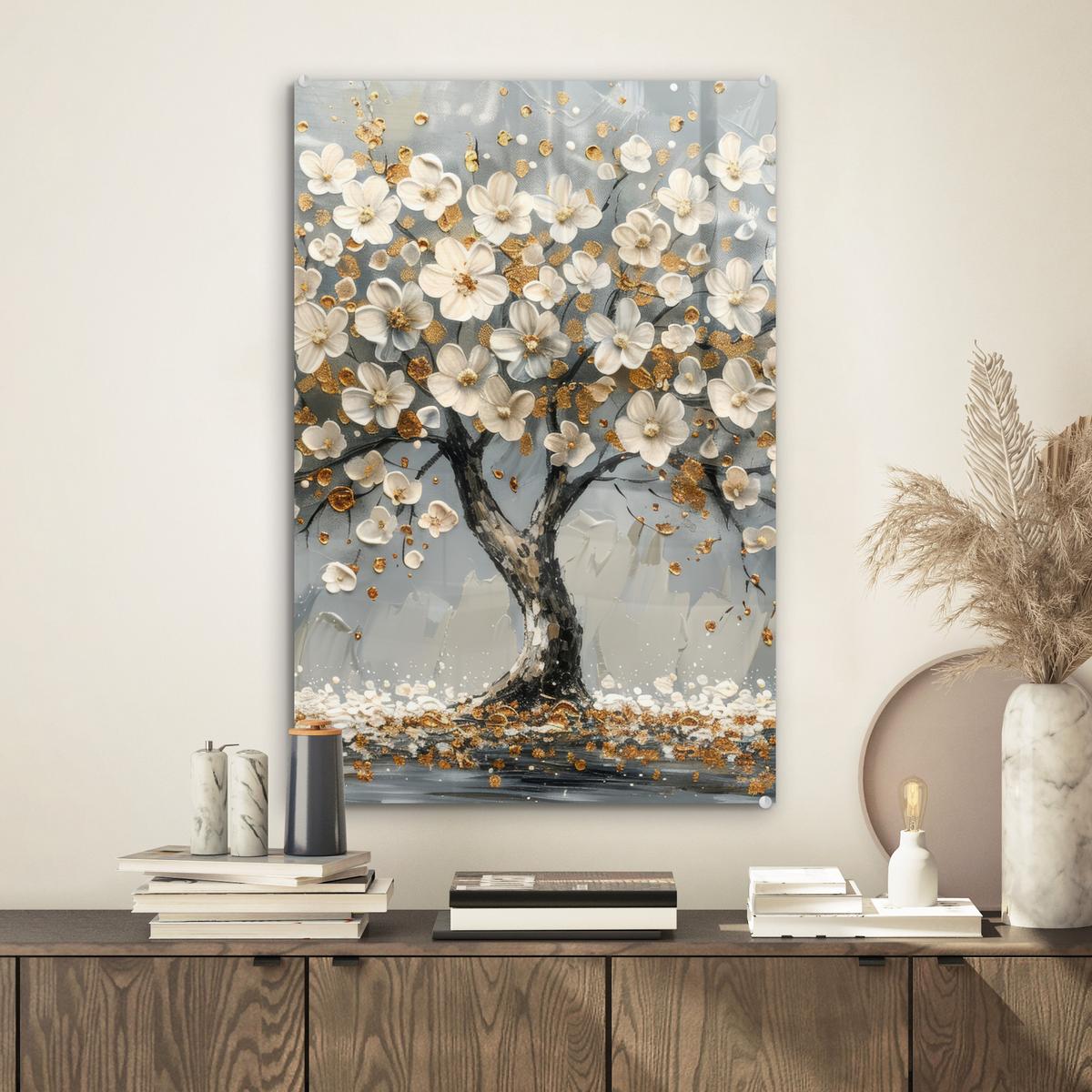 ACRYLGLASBILD Baum - Blumen - Weiß - Natur - Kunst Wanddeko Wohnzimmer 40x60 cm - Weiß, Glas (40/60cm) - MuchoWow