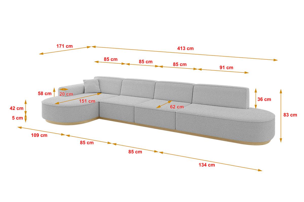 ECKSOFA Ottomane Links MARI-L3-v2 - 413x171x83 cm Hellgrau Bouclé - Hellgrau, Holzwerkstoff/Textil (413/171cm) - ALTDECOR