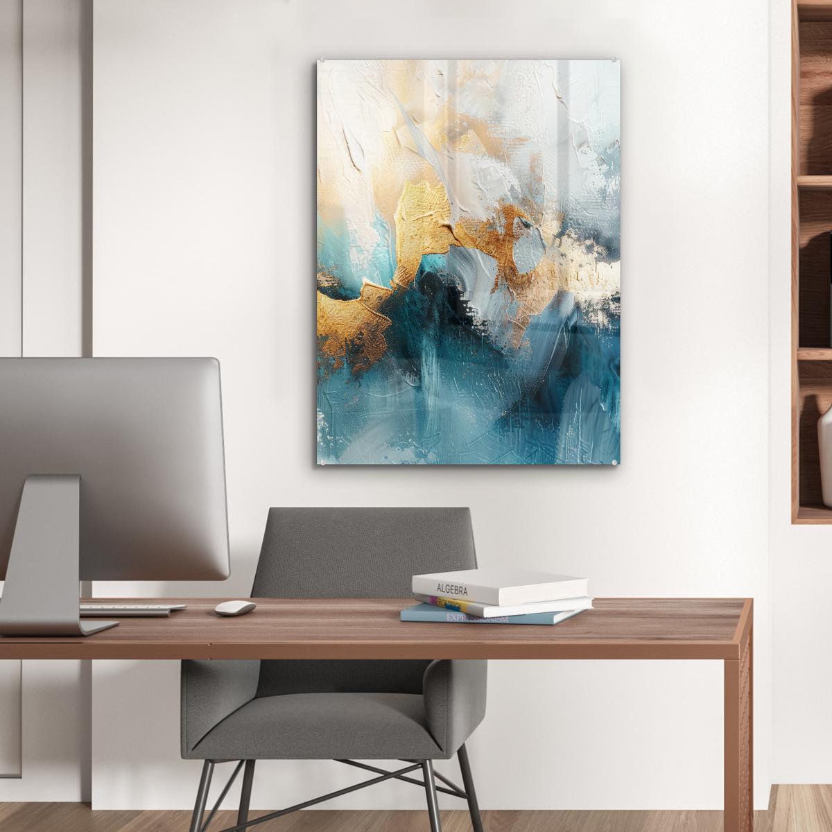 ACRYLGLASBILD Abstrakt - Kunst - Gold - Blau 60x80 cm - Petrol, Glas (60/80cm) - MuchoWow