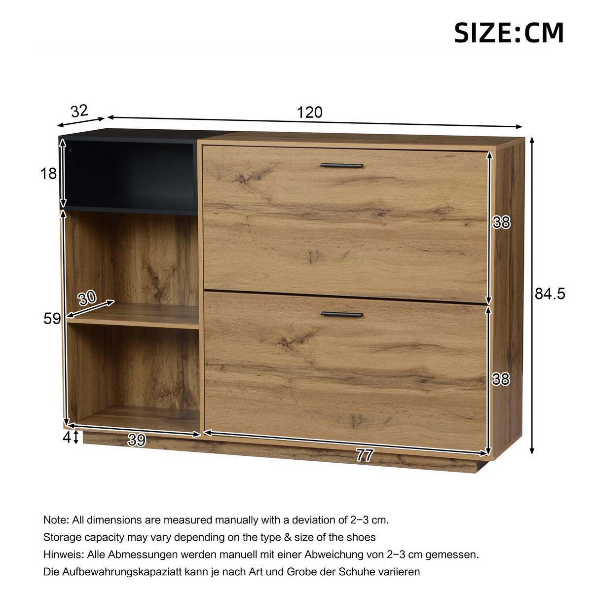 SCHUHESCHRANK mit 3 offene Fächer & 2 Klappfächer Natur+Schwarz - Naturfarben, Holzwerkstoff (120/84.5/32cm) - Urban Meuble