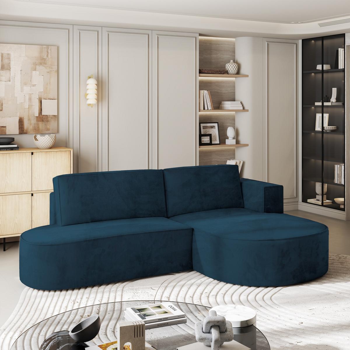ECKSOFA CORTIO M R-S Blau Velours-Stoff mit Schlaffunktion - Blau/Grau, Holz/Kunststoff (265/174cm) - MASSENO