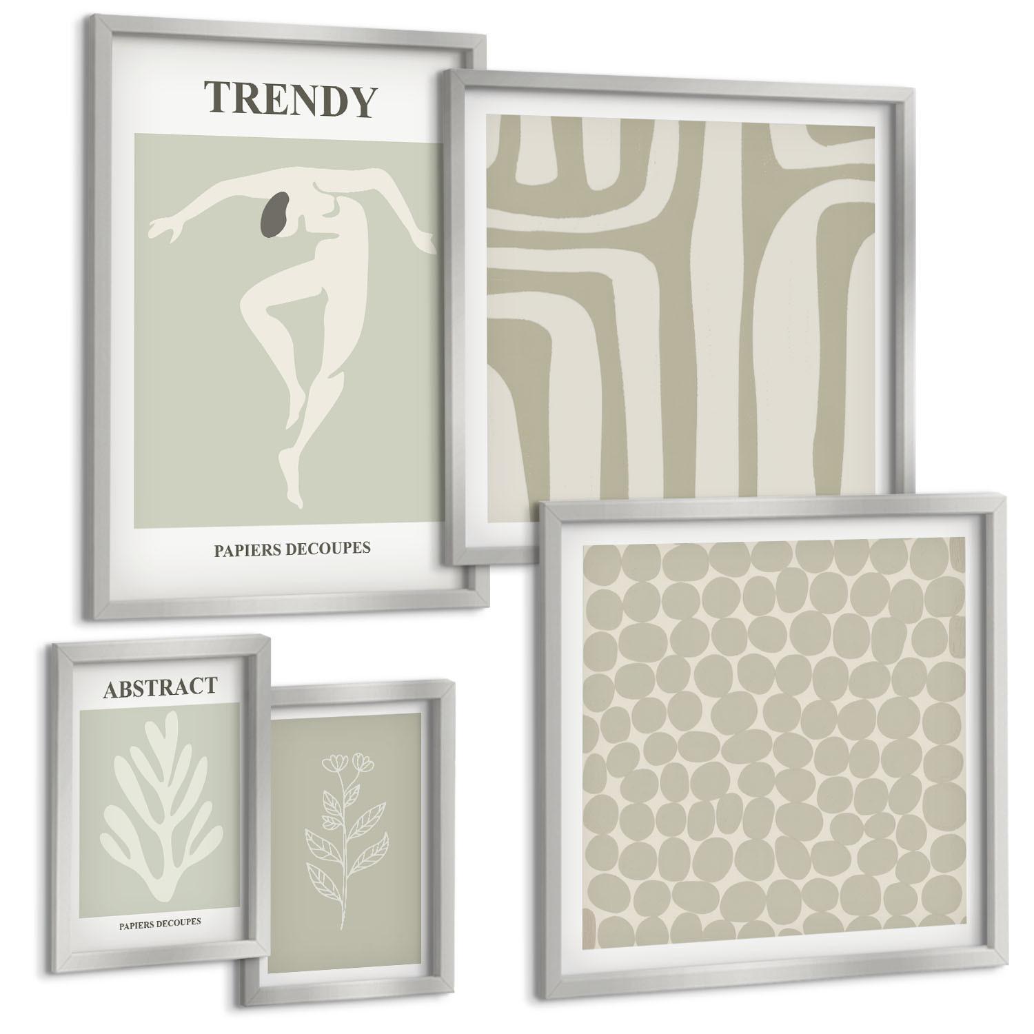 BILDER SET 5er Set - 50x50 cm & 20x30 cm & 40x60 cm Silberner Rahmen - Pflanzen- und geometrische Muster - Silberfarben, Kunststoff (40/60cm) - TULUP