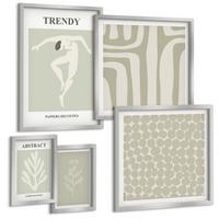 BILDER SET 5er Set - 50x50 cm & 20x30 cm & 40x60 cm Silberner Rahmen - Pflanzen- und geometrische Muster - Silberfarben, Kunststoff (40/60cm) - TULUP