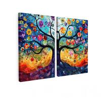 LEINWANDBILD 2er Set Bunt - Baum des Lebens - Blumen - Abstrakt 120x90 cm - Blau, Textil (120/90cm) - MuchoWow