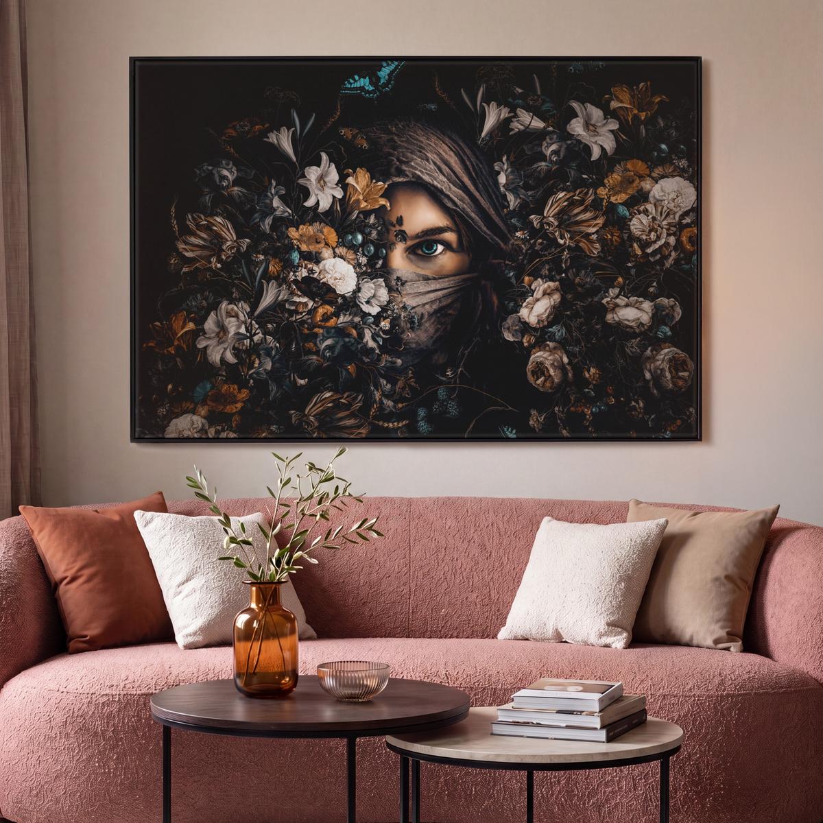 LEINWAND Bilder mit Rahmen - Frau - Luxus - Blumen - Schmetterling - Porträt - 120x80 - Schwarz, Textil (120/80cm) - MuchoWow
