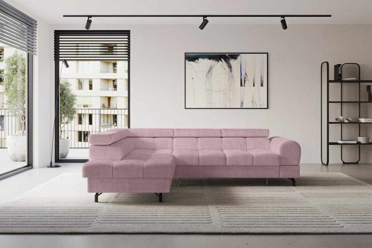 ECKSOFA mit Schlaffunktion Ottomane Links LUMA-L 272x203x70 Rosa Cord - Schwarz/Rosa, Holzwerkstoff/Kunststoff (272/203cm) - ALTDECOR