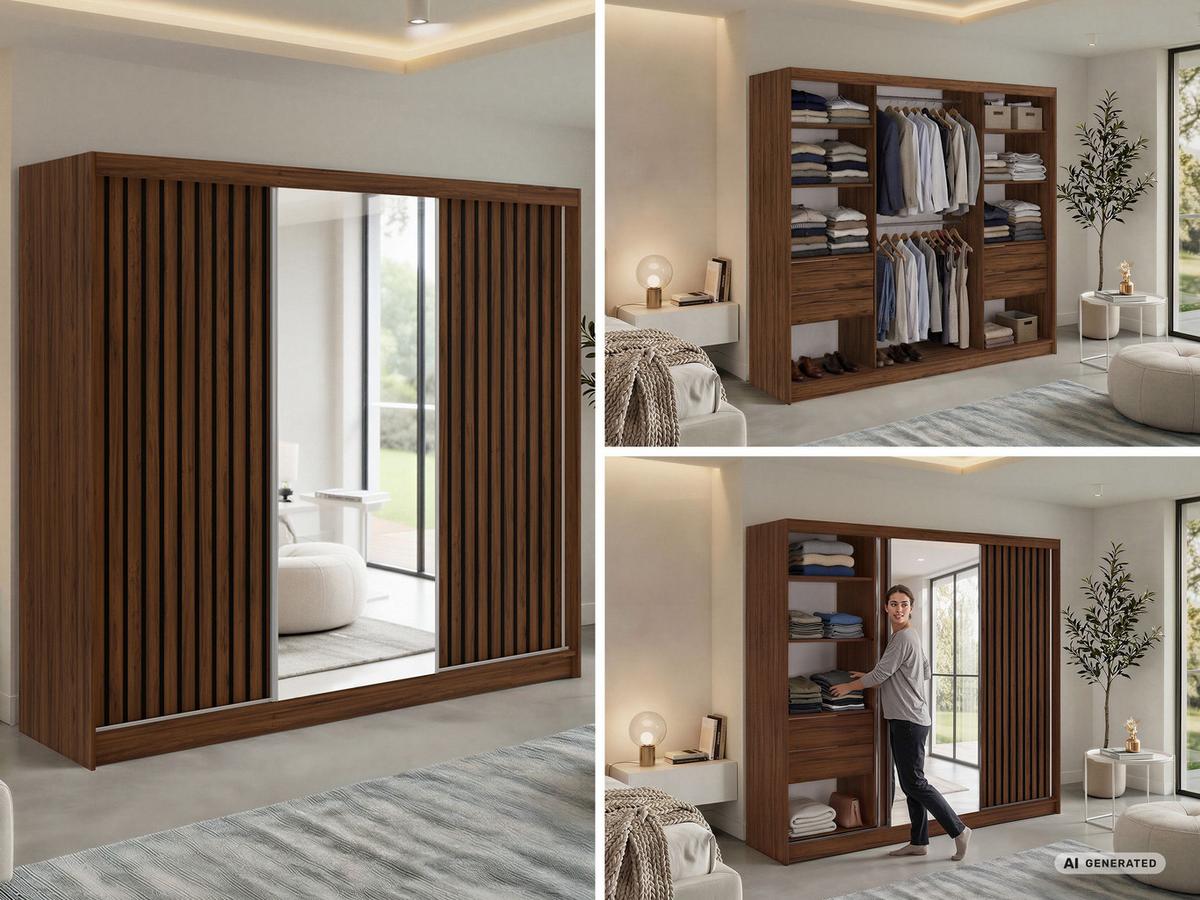 SCHWEBETÜRENSCHRANK mit Spiegel und Schubladen LAOS - 240 - Warmia Walnuss - Schwarz Lamellen - Walnussfarben/Schwarz, Holzwerkstoff/Metall (240/216/61cm) - MKS