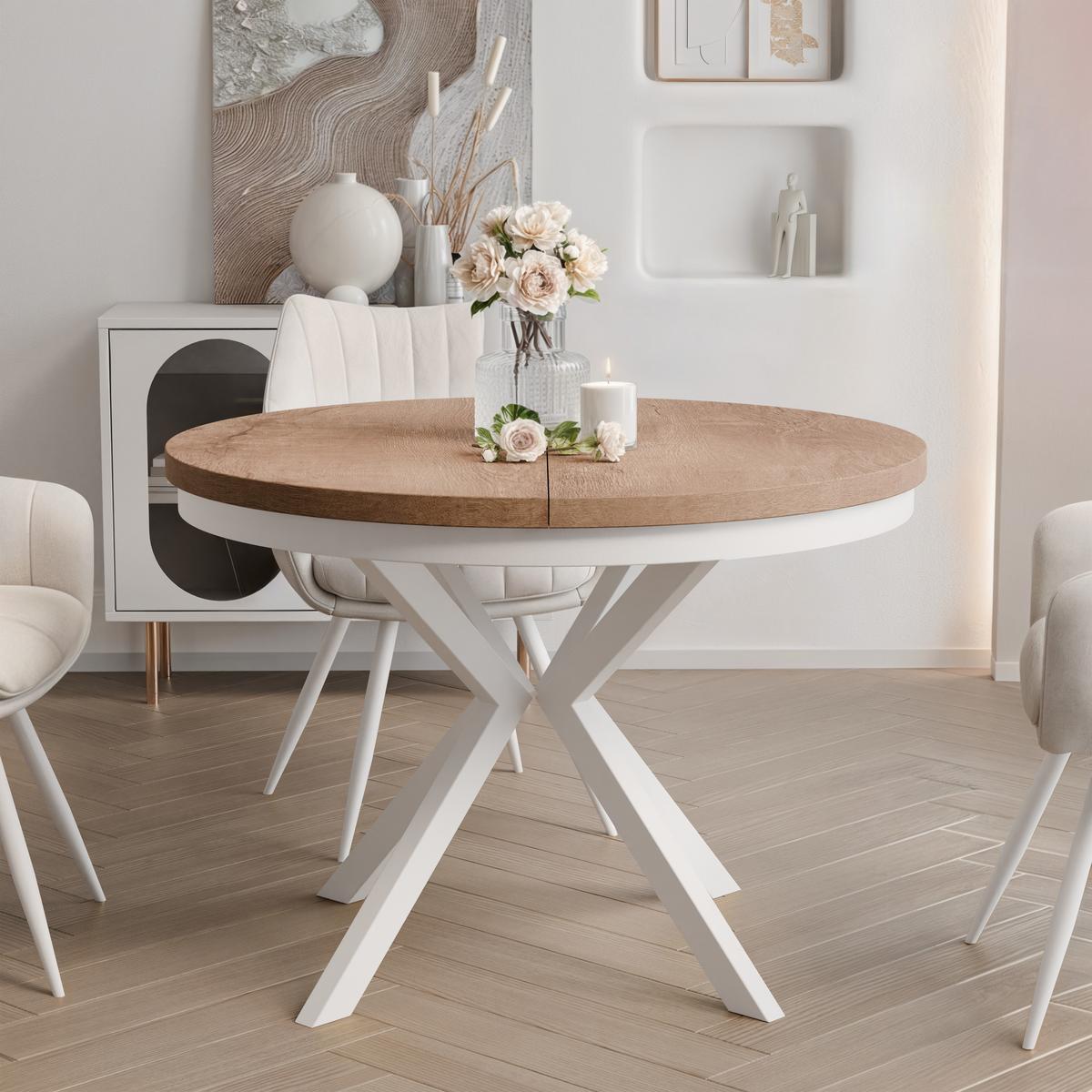AUSZIEHTISCH MILTON 90-166/76 cm mit Metallgestell und Zarge, Weiß / Lefkas-Eiche - Eiche San Remo/Weiß, Holzwerkstoff/Metall (90/90/76cm) - Idohome