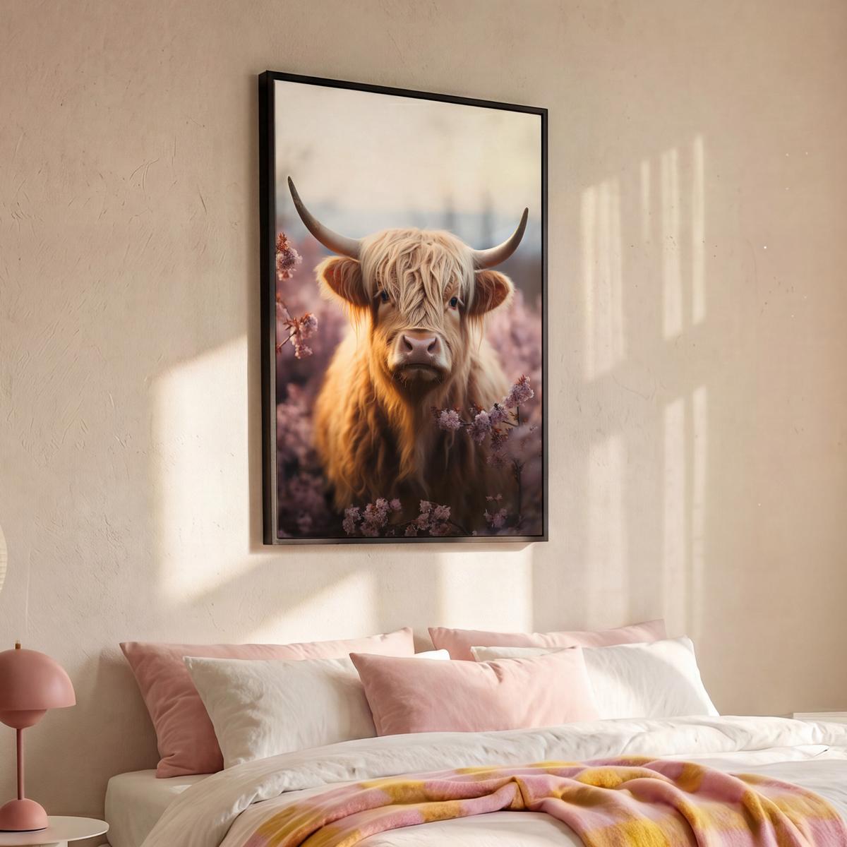 LEINWAND Bilder mit Rahmen - Schottischer Hochländer - Frühling - Hochland - 90x140 - Hellrosa, Textil (90/140cm) - MuchoWow