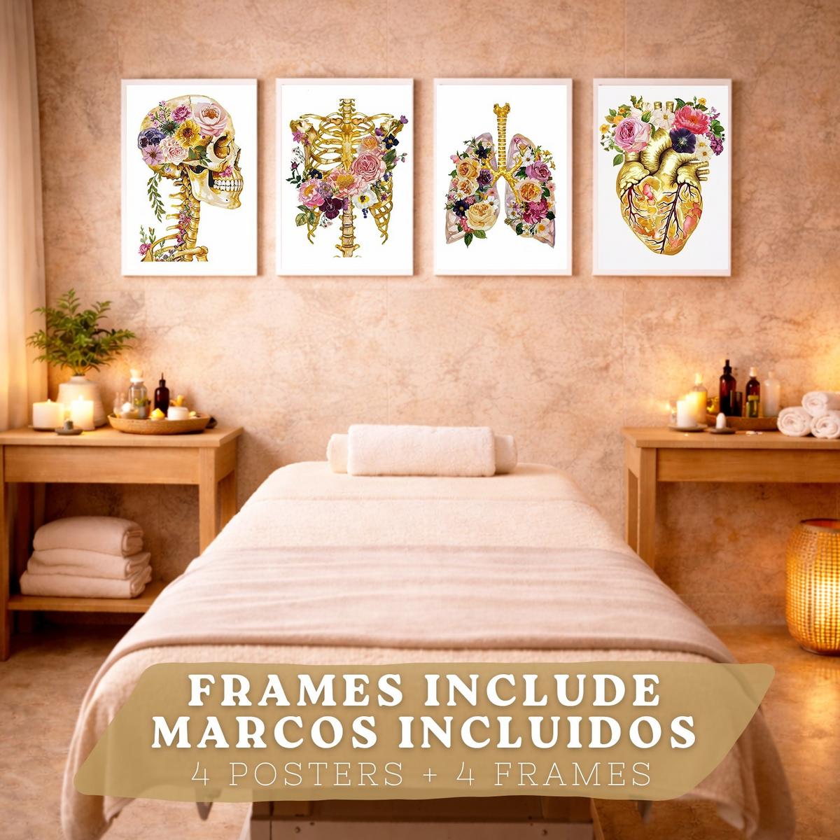 POSTER Set aus 4 Anatomie Mensch Drucke und Wandbilder mit Schädel Skelett Herz und Goldene Lungen Medizinische Wanddekoration Größe Weißer Rahmen A3 - Weiß, Papier (29.7/42/3cm) - Nacnic