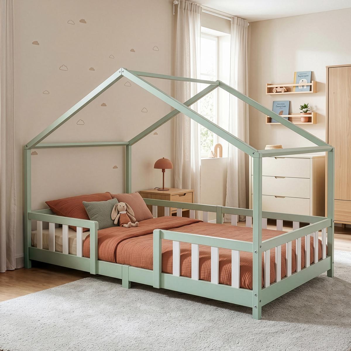 HAUSBETT Treviolo - Weiß/Mintgrün, Holz (120/200cm) - [en.casa]