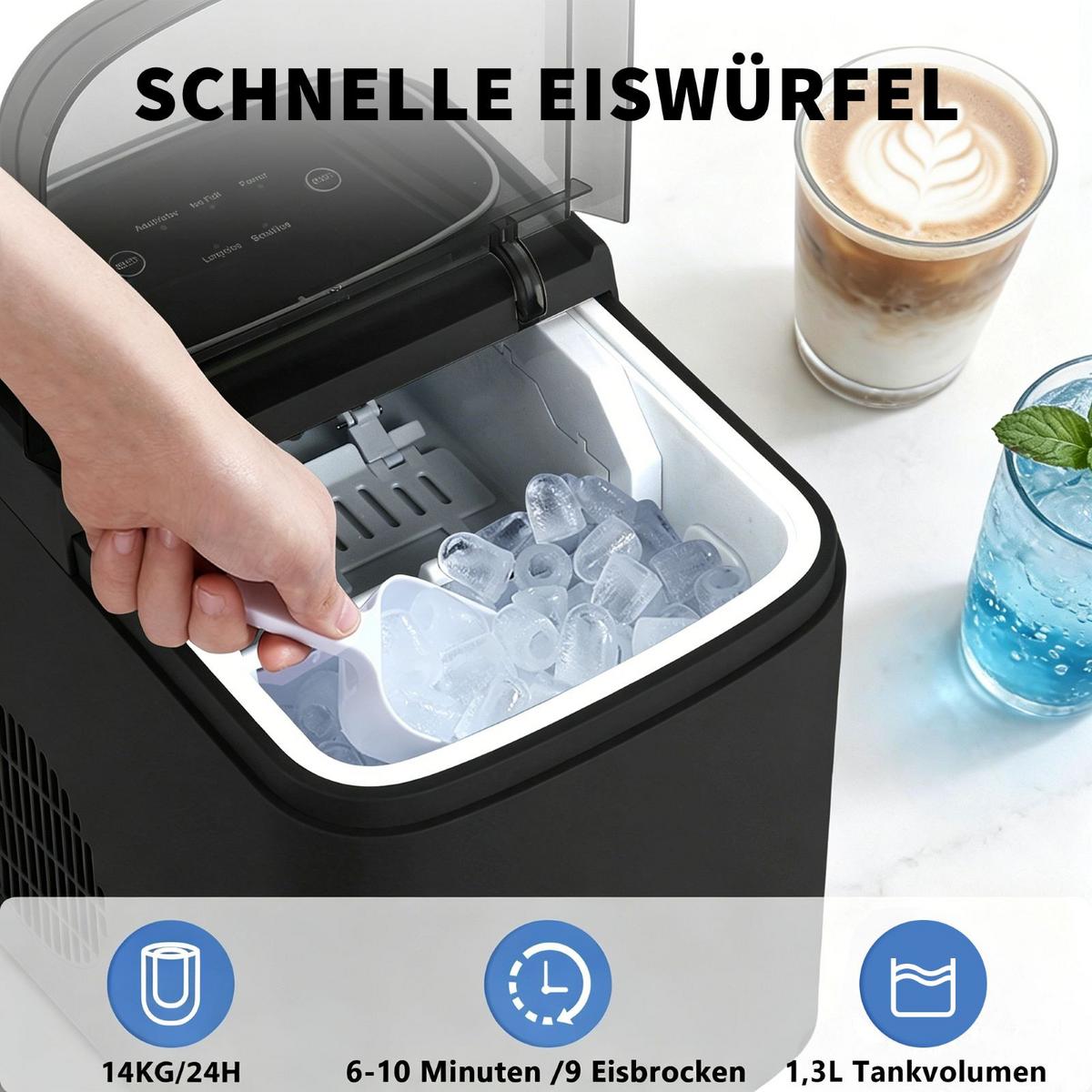 EISWÜRFELMASCHINE Kühleis 1.3 L - Schwarz, Kunststoff (29.6/28.9/23.8cm) - Nettlife
