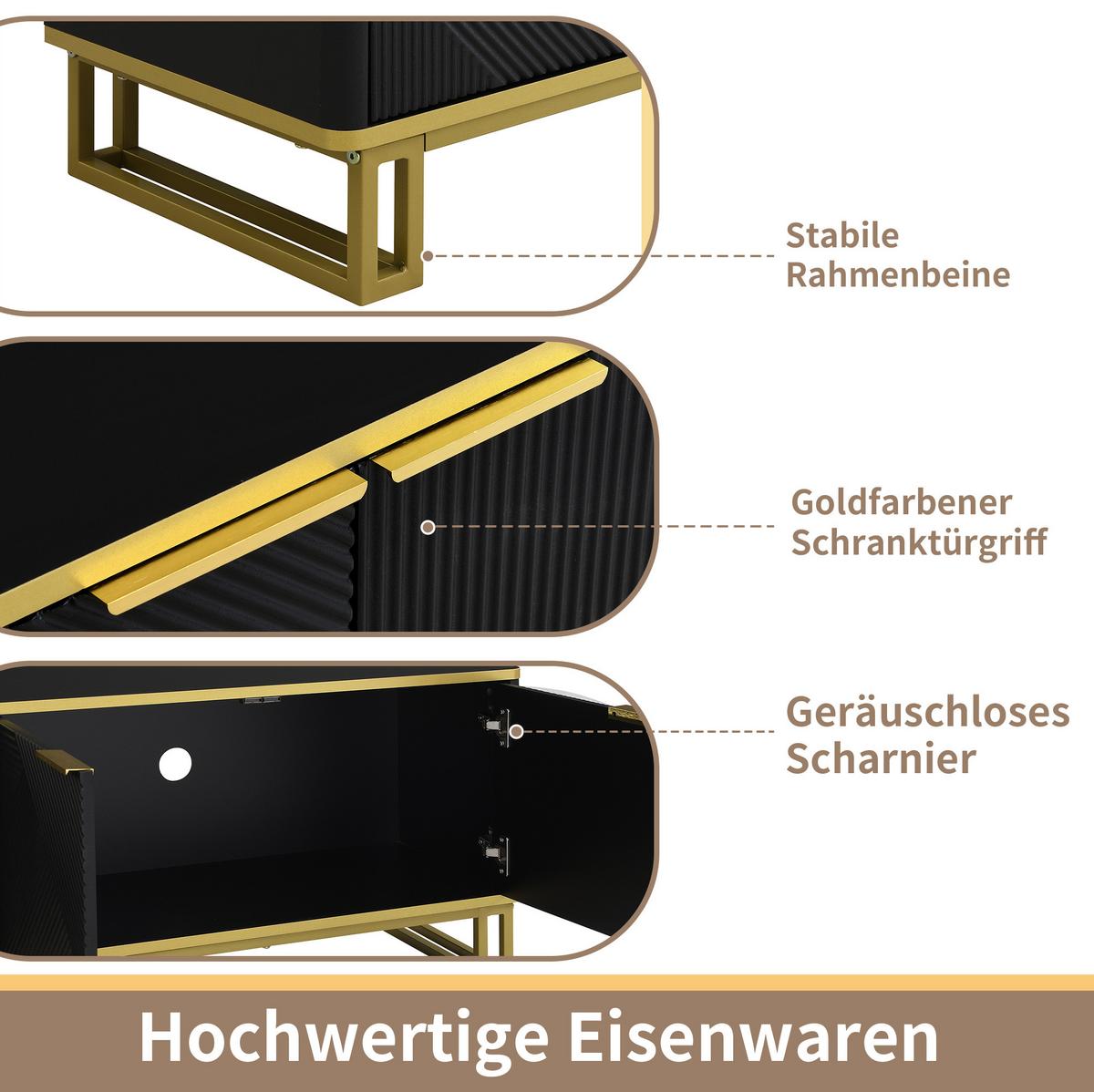 TV-LOWBOARD Schwarz & Gold mit 4 Türen Geometrisches Design 160cm - Schwarz, Holzwerkstoff (160/48/37.5cm) - Urban Meuble