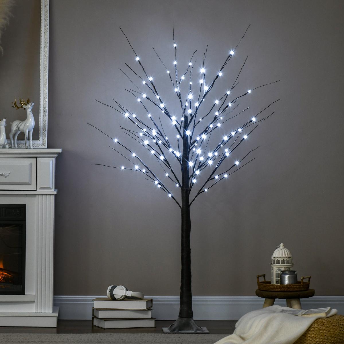 150 cm Kunstbaum, Birkenbaum mit 96 LED, Kunstschnee für Party, Braun - Braun, Kunststoff (22/150/22cm) - HOMCOM