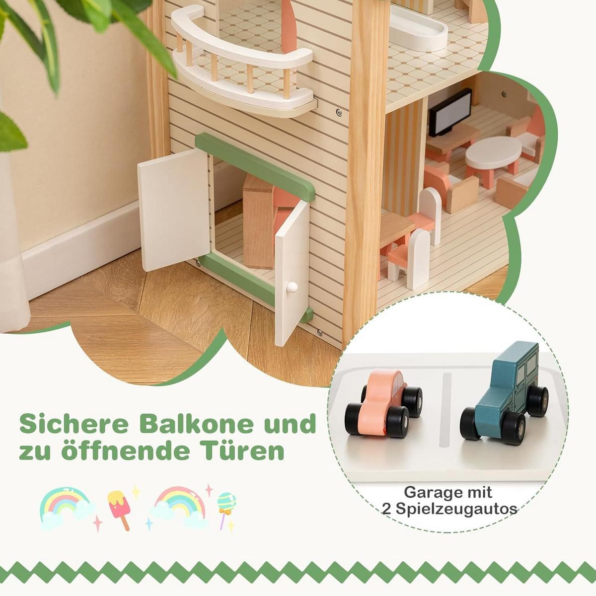 PUPPENHAUS 83cm Grün - Grün, Holz (87/83/37cm) - COSTWAY