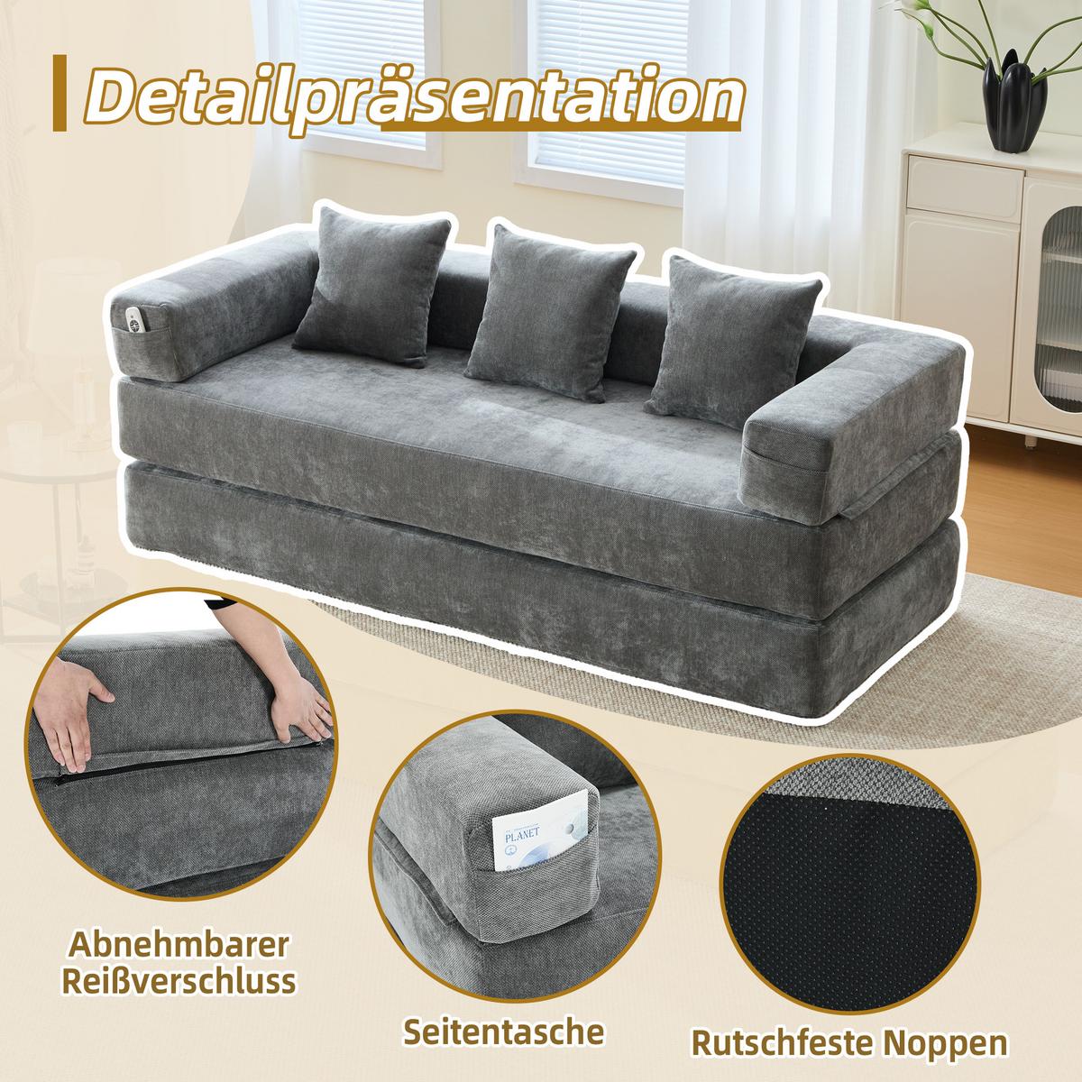 SCHLAFSOFA Modulares Chenille Block-Sofa DIY Kombinierbar mit Seitentaschen & Rutschfest - Dunkelgrau, Textil (198/60/79cm) - Urban Meuble