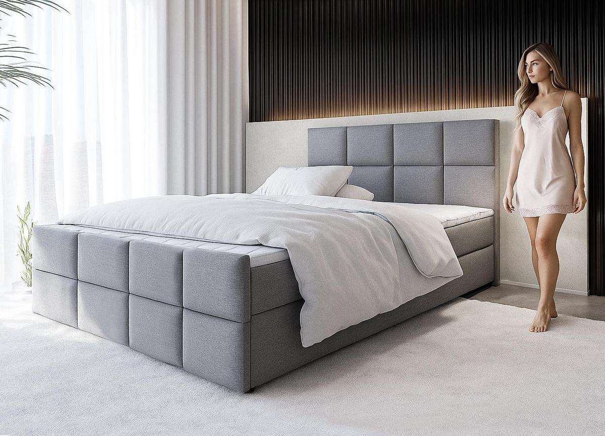 BOXBETT ALEYNA 160x200 cm mit Bettkasten und Matratze - Grau + TOPPER - Schwarz/Grau, Holz/Holzwerkstoff (160/200cm) - AX Living