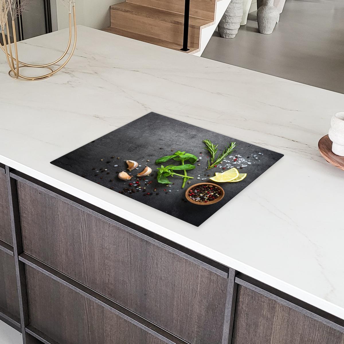 HERDABDECKPLATTE Limette - Kräuter - Gewürze - Grün - Grau - Beton Herdabdeckung Induktionsfeld 65x52 cm - Grün, Kunststoff (65/52/0.2cm) - MuchoWow