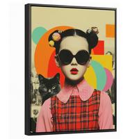 LEINWAND Bilder mit Rahmen - Mädchen - Sonnenbrille - Katze - Retro - 30x40 - Beige, Textil (30/40cm) - MuchoWow