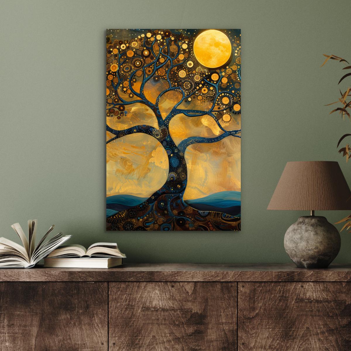 METALLBILD Baum - Mond - Blumen - Gold - Kunst Deko Schlafzimmer 40x60 cm - Orange, Metall (40/60cm) - MuchoWow